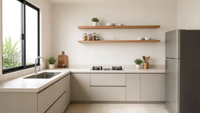 Dapur dengan Rak Terbuka agar Dinding Tidak Terasa Penuh. (Gambar: AI Generated)