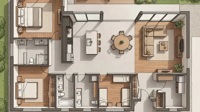 Rumah 3 Kamar dengan Ruang Tengah Open Space/ desain rumah 3 kamar dengan konsep open space yang nyaman. [AI generated]