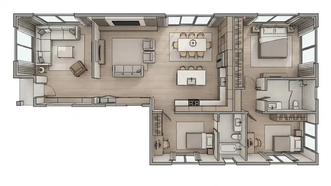 Rumah 3 Kamar Memanjang dengan Dapur sebagai Pusat Aktivitas / desain rumah 3 kamar dengan konsep open space yang nyaman. [AI generated]