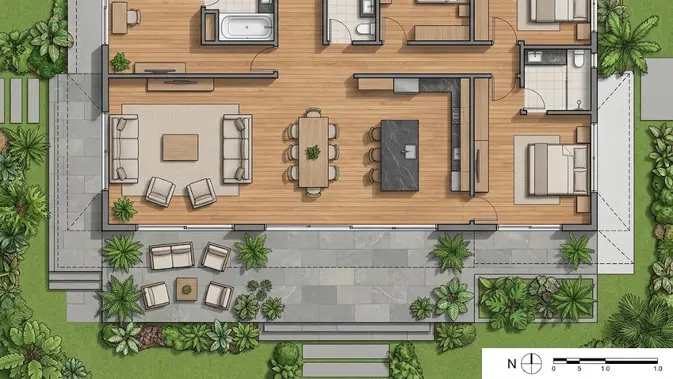 Rumah 3 Kamar dengan Taman Kecil di Tengah atau Belakang/ desain rumah 3 kamar dengan konsep open space yang nyaman. [AI generated]