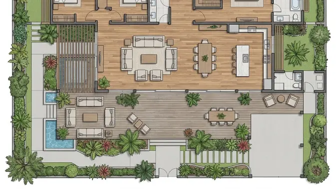Rumah 3 Kamar dengan Teras Luas dan Ruang Keluarga Terbuka/ desain rumah 3 kamar dengan konsep open space yang nyaman. [AI generated]