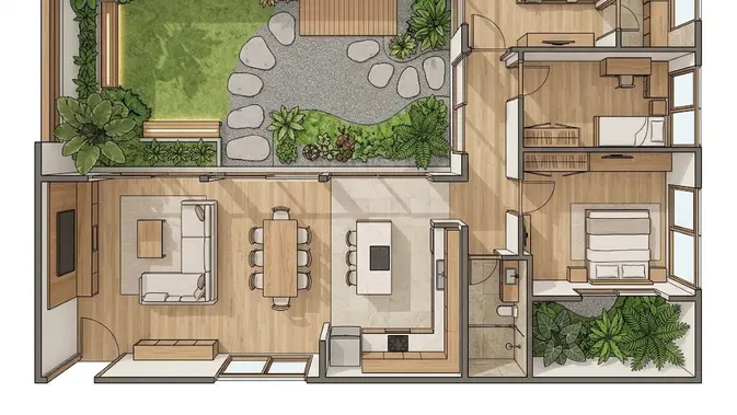 Rumah 3 Kamar dengan Kamar Utama yang Lebih Privat/ desain rumah 3 kamar dengan konsep open space yang nyaman. [AI generated]