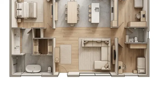 Rumah 3 Kamar Minimalis dengan Open Space Serba Putih/ desain rumah 3 kamar dengan konsep open space yang nyaman. [AI generated]