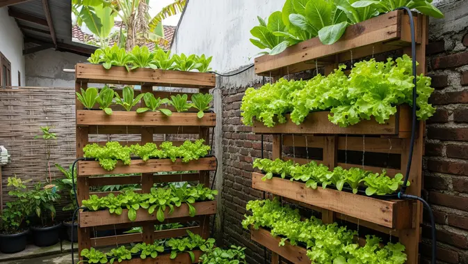 Ide Kebun Selada Vertikal yang Mudah Ditiru. (Foto: AI)