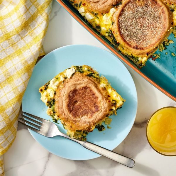 an image of the Spinach & Feta English Muffin Breakfast Credit: Photographer: Robby Lozano, Food Stylist: Emily Nabors Hall, Prop Stylist: Lydia Pursell