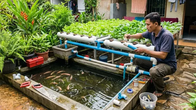 Penerapan Usaha Ternak Ikan Nila dan Hidroponik di Rumah Penerapan Usaha Ternak Ikan Nila dan Hidroponik di Rumah (AI Generated)