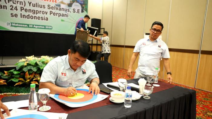 DUKUNGAN - Sebanyak 24 Pengurus Provinsi Perpani menyatakan dukungan kepada YSK saat agenda silaturahmi bersama jajaran pengurus Perpani dari sejumlah daerah di Makassar, Minggu (30/8/2026).