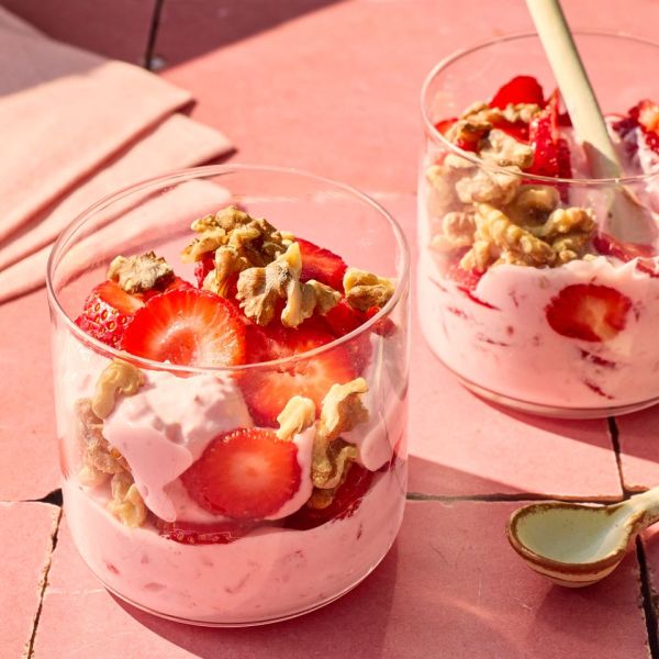 A recipe image of Strawberry-Walnut Yogurt Parfait Credit: Photographer: Carson Downing, Food Stylist: Annie Probst, Prop Stylist: Breanna Ghazali.