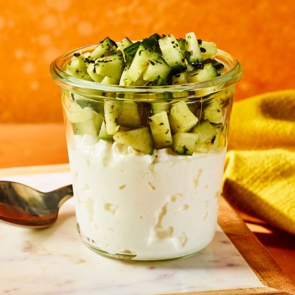 A recipe image of Cottage Cheese Snack Jar with Cucumber & Furikake Seasoning Credit: Photographer: Morgan Hunt Ward.