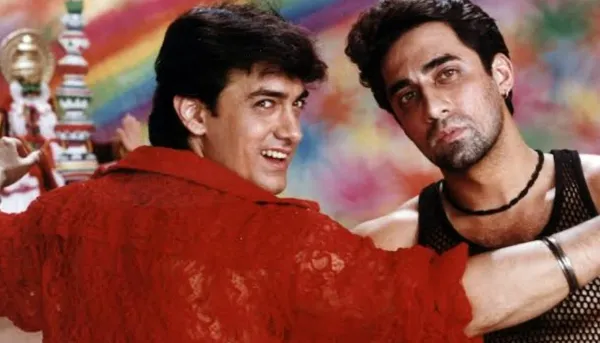 Aamir Khan and Faissal Khan on the set of Mela.