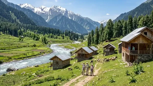 Happy trekkers walking past wooden bungalows along a scenic river in lush green Tulail valley surrounded by snow mountains.