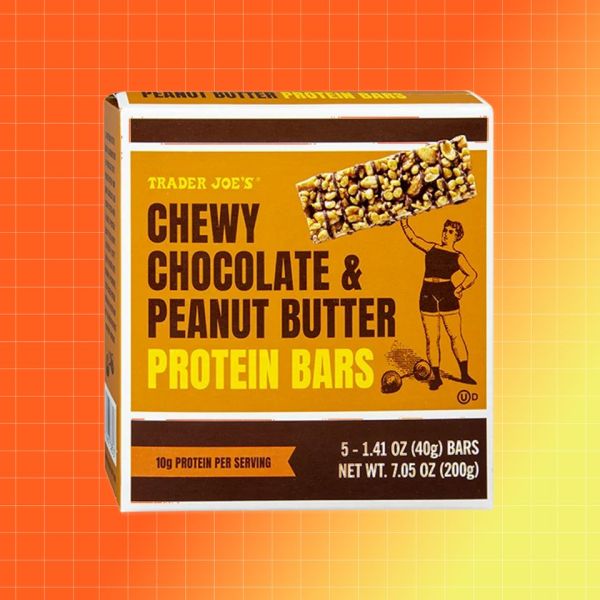 Trader Joes Chewy Chocolate Peanut Butter Protein Bars packaging Credit: Trader Joe's. EatingWell design.
