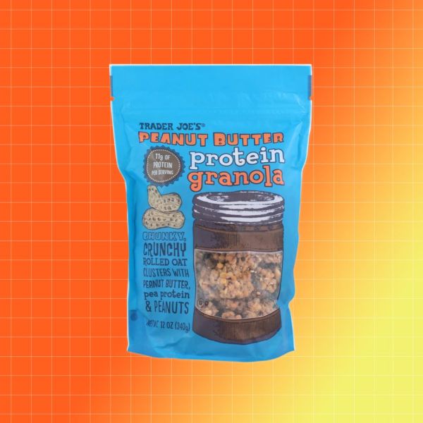 Trader Joes Peanut Butter Protein Granola packaging on a gradient background Credit: Trader Joe's. EatingWell design.