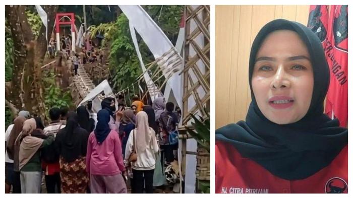 JEMBATAN GANTUNG AMBRUK - Sebuah jembatan gantung di Kabupaten Pangandaran, Jawa Barat, mengalami kerusakan sesaat setelah diresmikan pada Minggu (30/8/2026). Foto Hj. Citra Pitriyami, S.H. saat masih menjabat sebagai Anggota DPRD dari Partai PDI Perjuangan. Berikut profil Bupati Pangandaran terpilih periode 2025 hingga 2030 yang telah dilantik oleh Presiden Prabowo Subianto pada 20 Februari 2025.