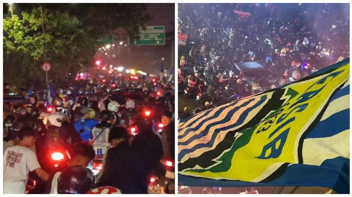 KONVOI BOBOTOH - Ribuan bobotoh memadati Jalan di Jembatan Layang Pasopati, Kota Bandung, Minggu (10/5/2026).