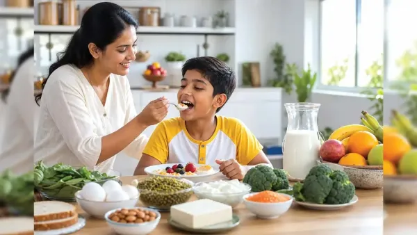 Caring Indian mother happily feeding healthy nutritious breakfast food to her young son at bright kitchen dining table.