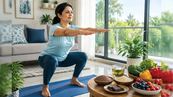 Mature Indian woman doing squats workout on yoga mat near table with nutritious diet at home.