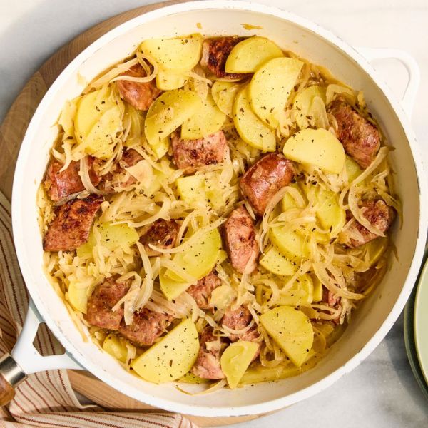 A recipe image of Chicken Sausage with Potatoes & Sauerkraut Credit: Photographer: Stacy K. Allen.