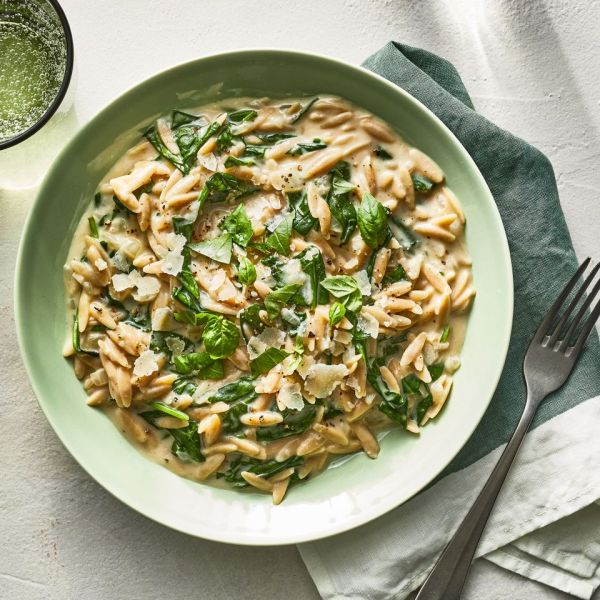 Creamy Spinach Orzo Credit: Photography / Caitlin bensel, Food Styling / Emily Nabors Hall, Prop Styling / Julia Bayless