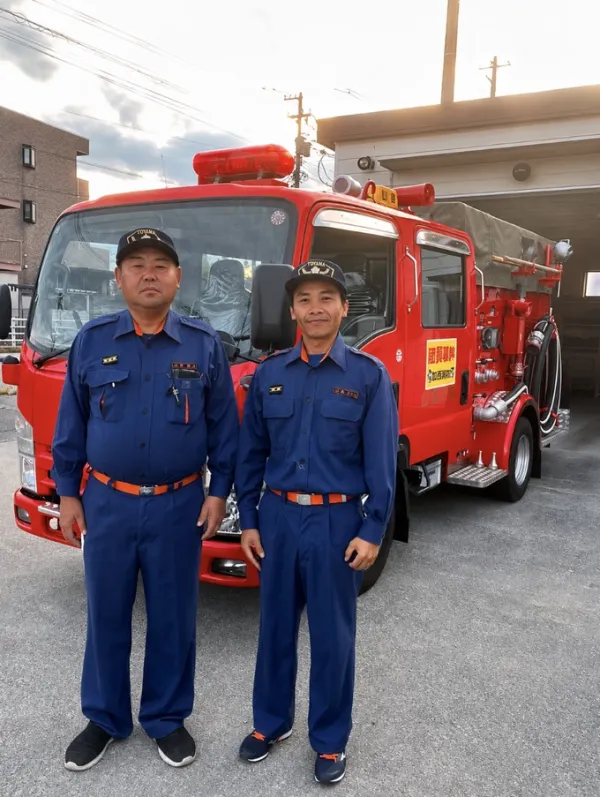 Mr. Huynh Huu Qui (right) with Area Volunteer Fire Chief Yamamuro Kanayama Yasushi. Photo: Provided by the character