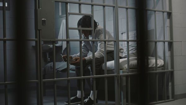 African American young prisoner eats food sitting on bed in prison cell African American young prisoner eats food sitting on bed in prison cell