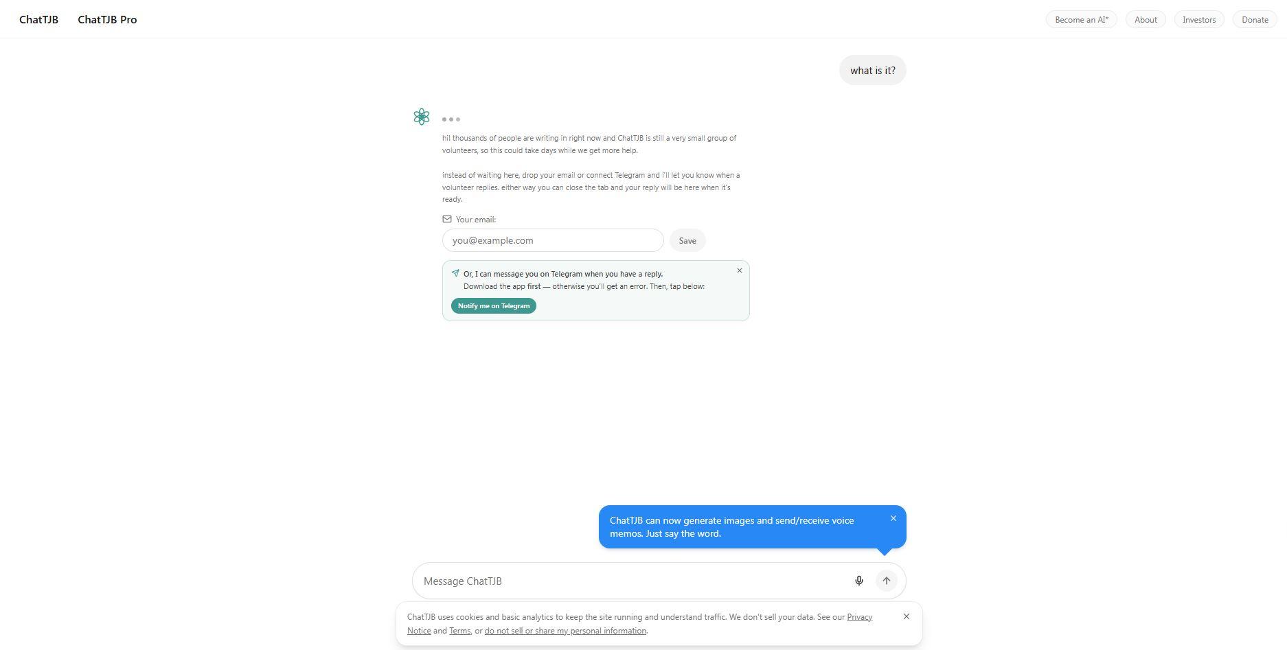 PLATFORM CHAT - Tangkap layar halaman awal ChatTJB. Platform masih memproses pertanyaan dari pengguna. (chattjb.org)