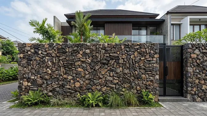 Pagar dengan Motif Batu Alam Berlebihan. (Gambar: AI Generated)