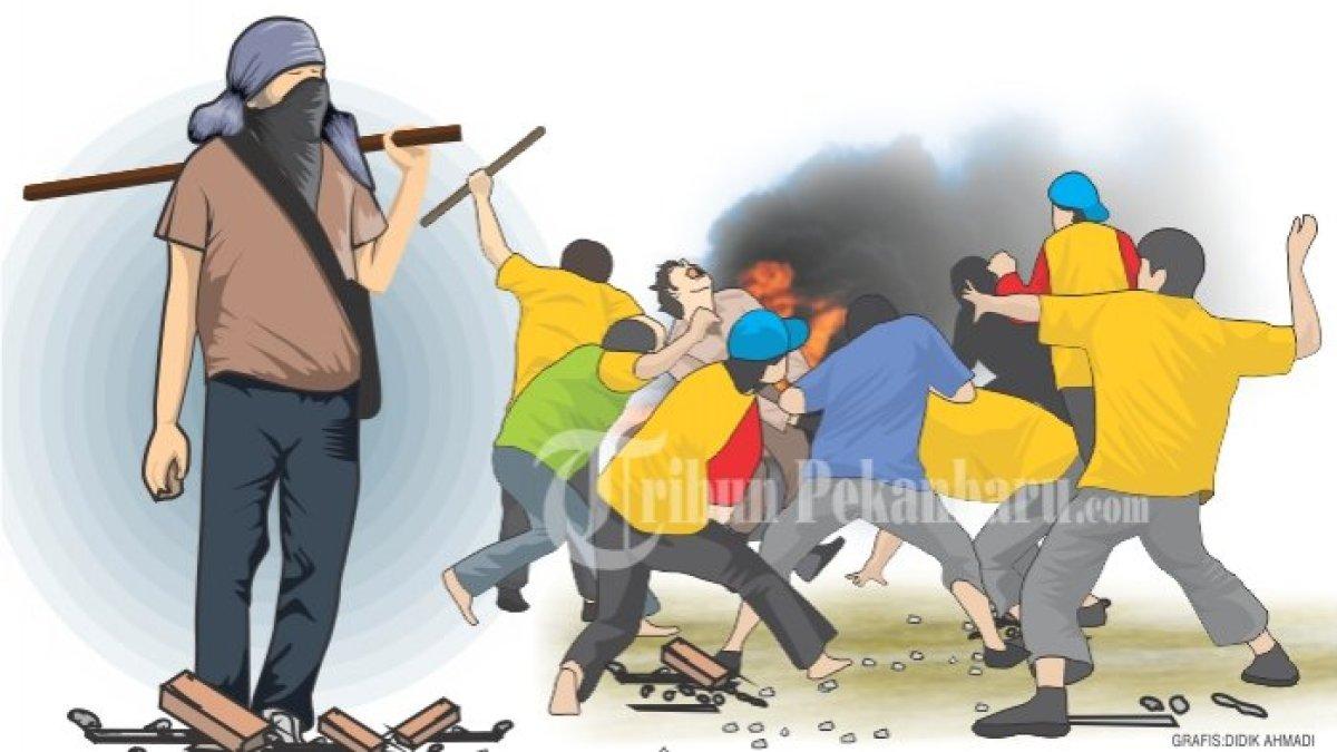 ILUSTRASI seorang pemuda dikeroyok gerombolan perguruan silat.