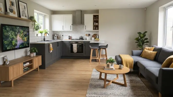 Inspirasi Rumah Kecil dengan Ruang Tamu dan Dapur Menyatu (AI Generated)