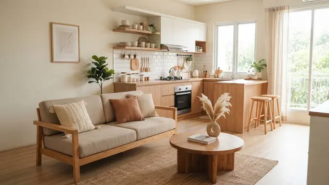 Inspirasi Rumah Kecil dengan Ruang Tamu dan Dapur Menyatu (AI Generated)