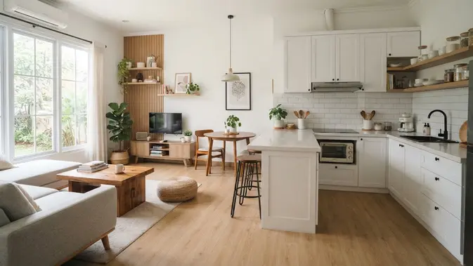 Inspirasi Rumah Kecil dengan Ruang Tamu dan Dapur Menyatu (AI Generated)