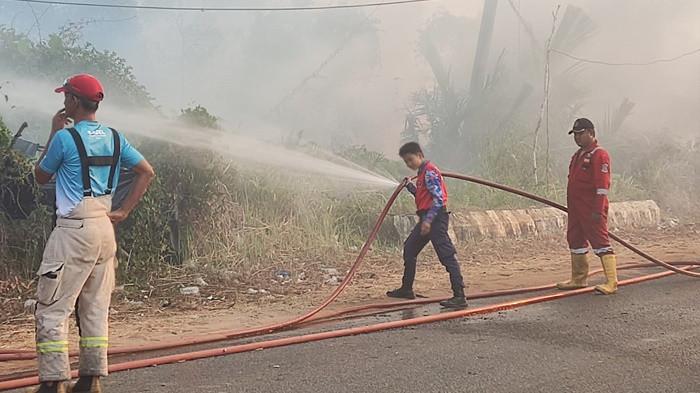 Petugas berjibaku memadamkan karhutla yang melanda kawasan Jalan Lintas Timur Air Anyir, Kabupaten Bangka, Rabu (2/9/2026).