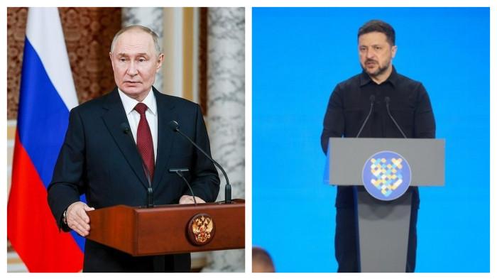 PERANG RUSIA UKRAINA - Presiden Rusia Vladimir Putin menjawab pertanyaan dari perwakilan media massa di hari terakhir kunjungannya di Tajikistan, 10 Oktober 2025 (kiri) dan Presiden Ukraina Volodymyr Zelenskyy saat berpidato dalam KTT Internasional Kota dan Daerah ke-4 pada 26 Mei 2026 (kanan).