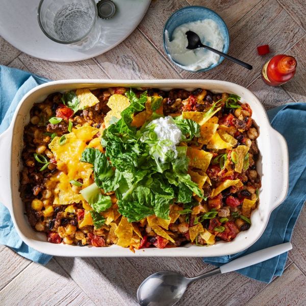 A casserole dish with the beef & black bean nacho casserole recipe Credit: Photographer: Rachel Marek, Food Stylist: Holly Dreesman, Prop Stylist: Sue Mitchell