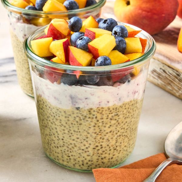 A recipe image of Blueberry-Peach Chia Pudding. Credit: Photographer: Caley Ellenburg.