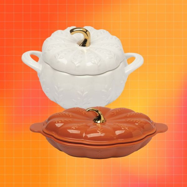 Two pumpkinshaped cookware items with goldcolored stems a white lidded pot and an orange casserole dish Credit: Aldi. Getty Images. EatingWell design.