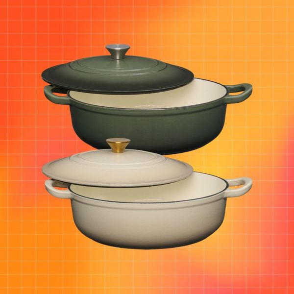 A set of two cast iron Dutch ovens one in a green finish and one in a cream finish both featuring lids and handles Credit: Aldi. Getty Images. EatingWell design.