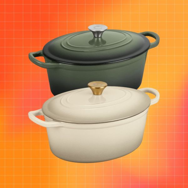 Two oval cast iron Dutch ovens with lids one in dark green and the other in light beige with a gold knob displayed on an orange background Credit: Aldi. Getty Images. EatingWell design.