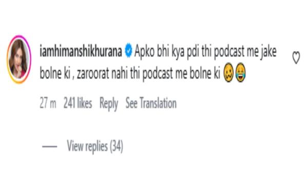 Himanshi Khurana comments on Vishal Aditya Singh's post against Asim Riaz