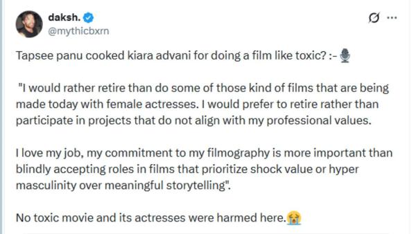 Taapsee Pannu takes an indirect dig at Kiara Advani's Toxic?