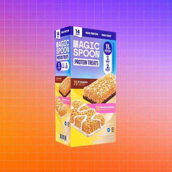 Magic Spoon protein treats box showcasing smores flavor and nutritional information on a colorful gradient background Credit: Costco. Getty Images. EatingWell design.