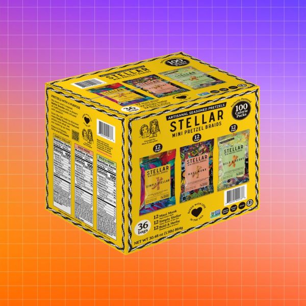 Box of Stellar Mini Pretzel Braids with product details visible on packaging Credit: Costco. Getty Images. EatingWell design.