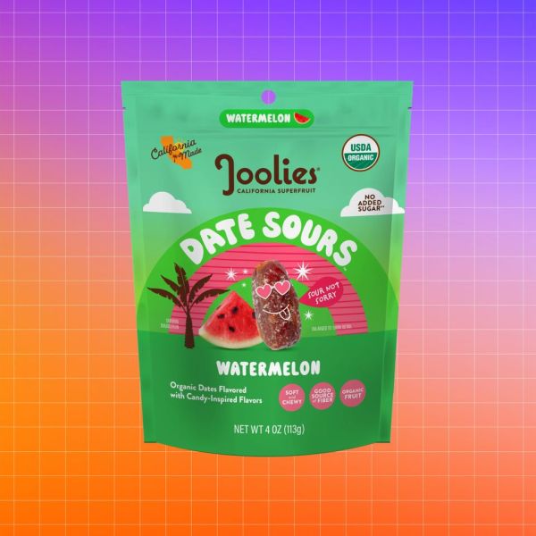 Joolies Date Sours watermelonflavored organic candy packaging on a gradient background Credit: Costco. Getty Images. EatingWell design.
