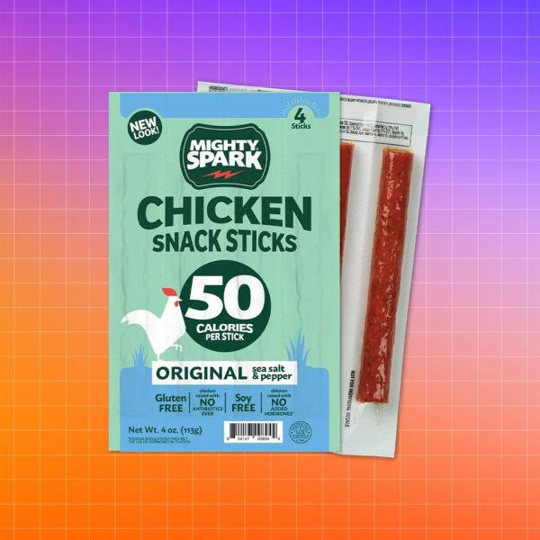 Packaging and contents of Mighty Spark chicken snack sticks Credit: Costco. Getty Images. EatingWell design.