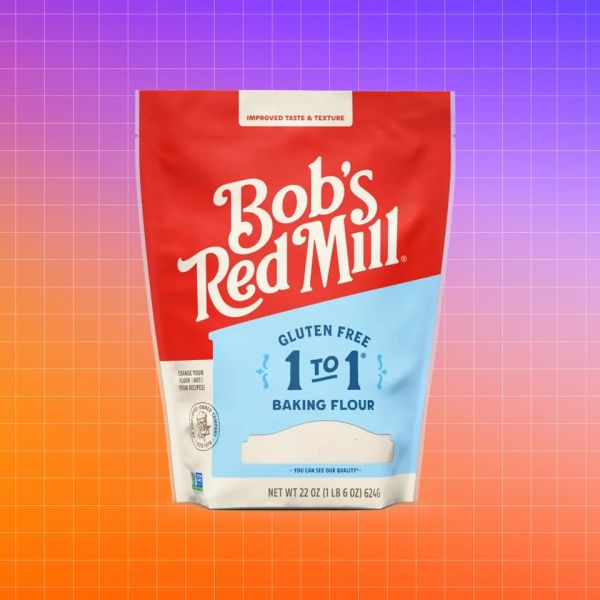Bag of Bobs Red Mill Gluten Free 1to1 Baking Flour on a gradient background Credit: Costco. Getty Images. EatingWell design.