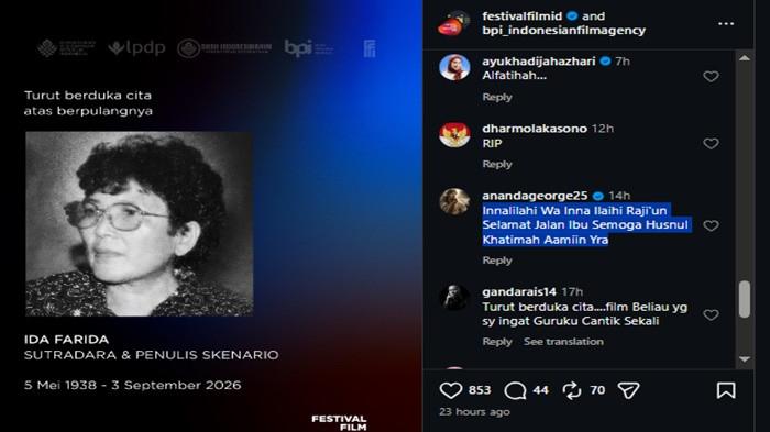MENINGGAL DUNIA -- Dunia perfilman Indonesia berduka atas berpulangnya sutradara senior dan penulis skenario Ida Farida pada Kamis (3/9/2026) di usia 88 tahun. Komite Festival Film Indonesia (FFI) memberikan penghormatan terakhir atas pengabdian seumur hidup almarhumah bagi sinema nasional.