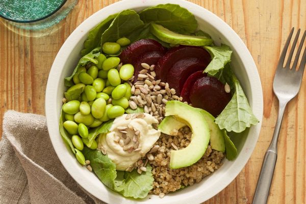 overhead shot of vegan grain bowl with edamame, beets and avocado Credit: Photographer: Fred Hardy, Food Stylist: Margaret Monroe Dickey