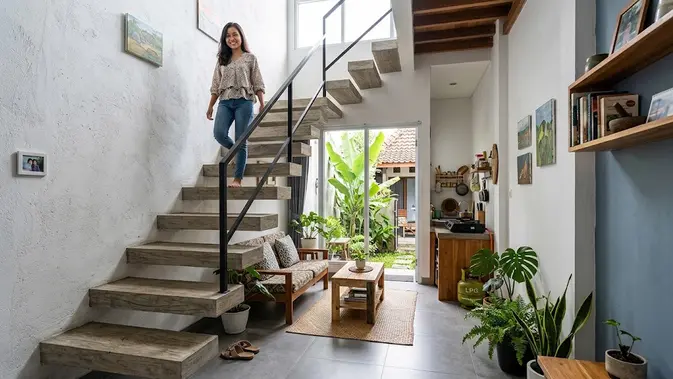 Tangga beton melayang (kantilever) yang modern untuk rumah sempit. [AI Generated]