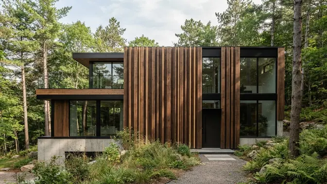 Fasad Kayu Vertikal Mengikuti Irama Pohon Alami (Evergreen Home Style). Foto: AI Generated