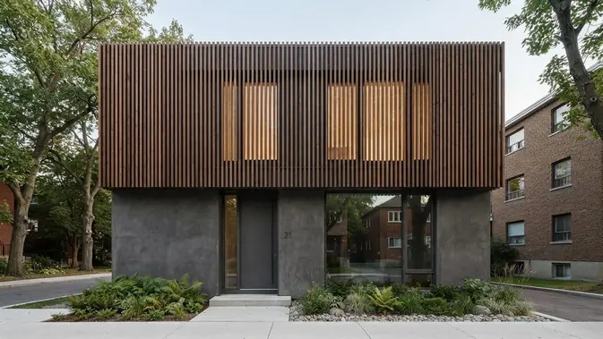 Aksen Kayu Vertikal Profil Slatted untuk Rumah Perkotaan (Urban Slatted Profile). Foto: AI Generated